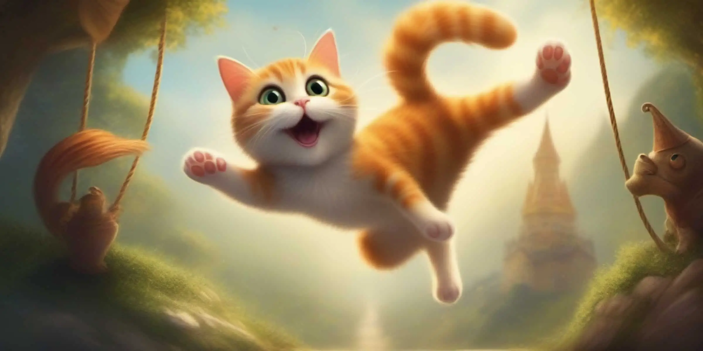 A cat is jumping on a swing in a forest.