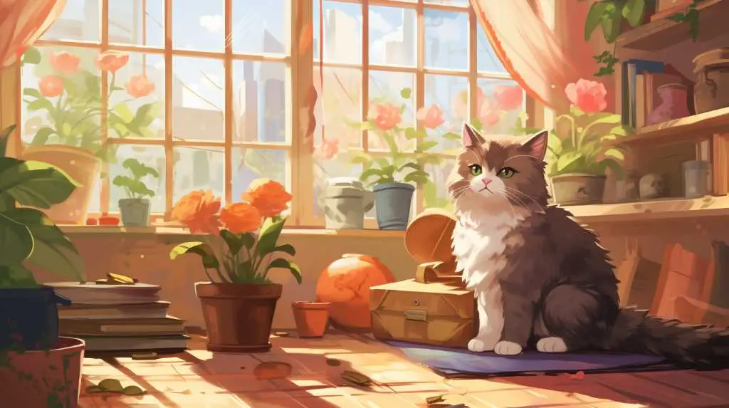 A cat sitting on the floor in front of a window.