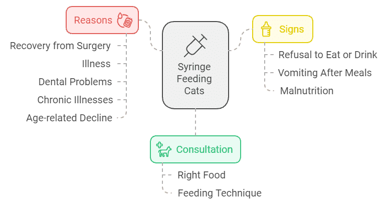 Flowchart illustrating syringe feeding cats. Reasons include recovery from surgery, illness, dental problems, chronic illnesses, and age-related decline. Signs include refusal to eat or drink, vomiting after meals, and malnutrition. Consultation covers the right food and feeding technique.