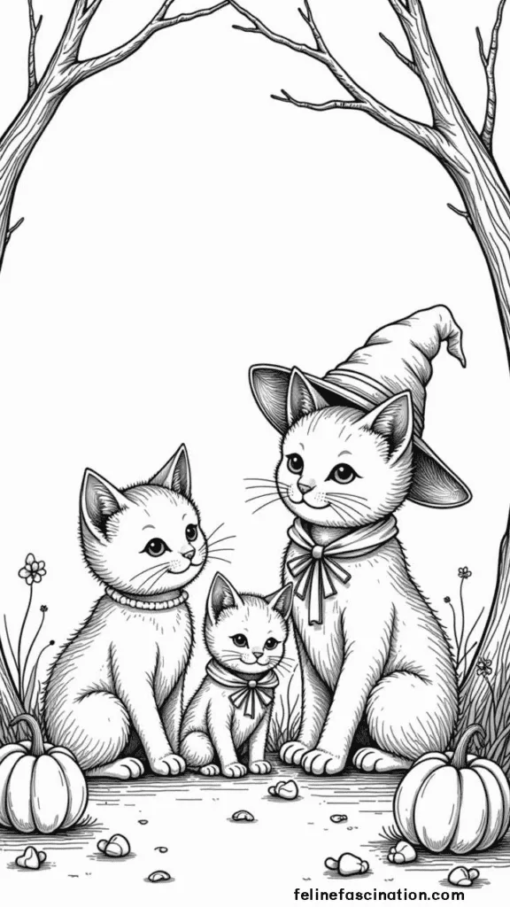 Three cats sitting together, one wearing a witch hat, in a whimsical forest setting with pumpkins and bare trees.