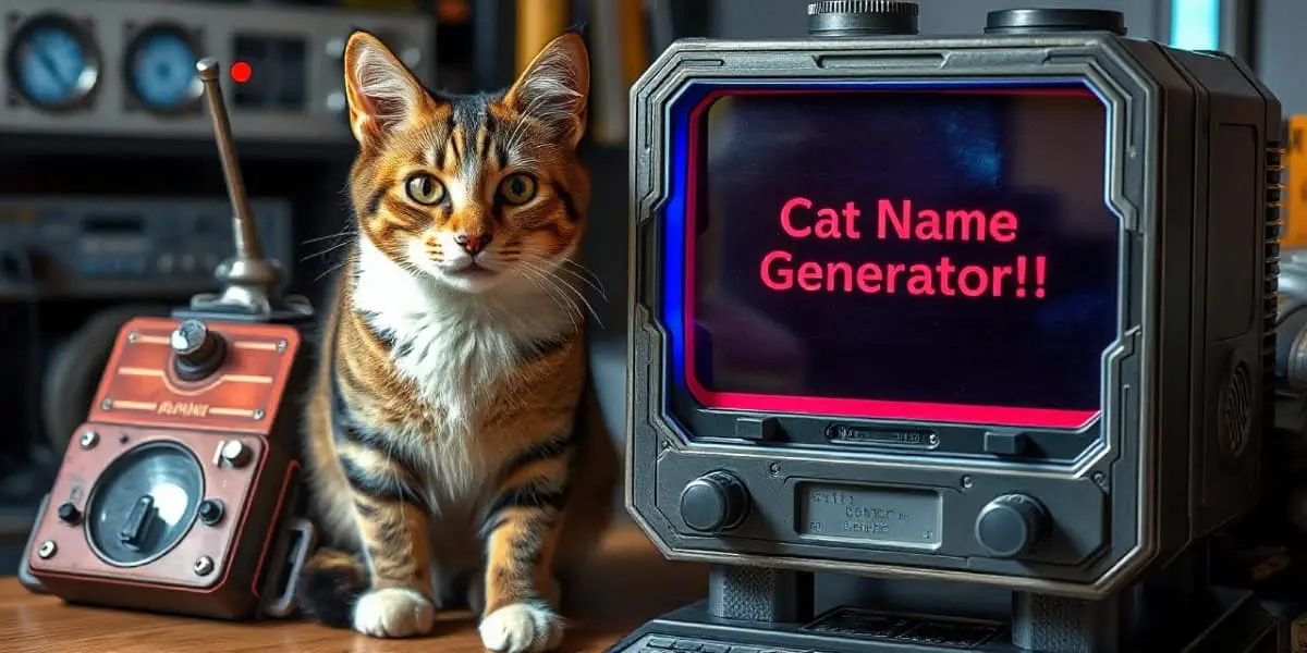 A tabby cat sits next to a vintage monitor displaying the text 