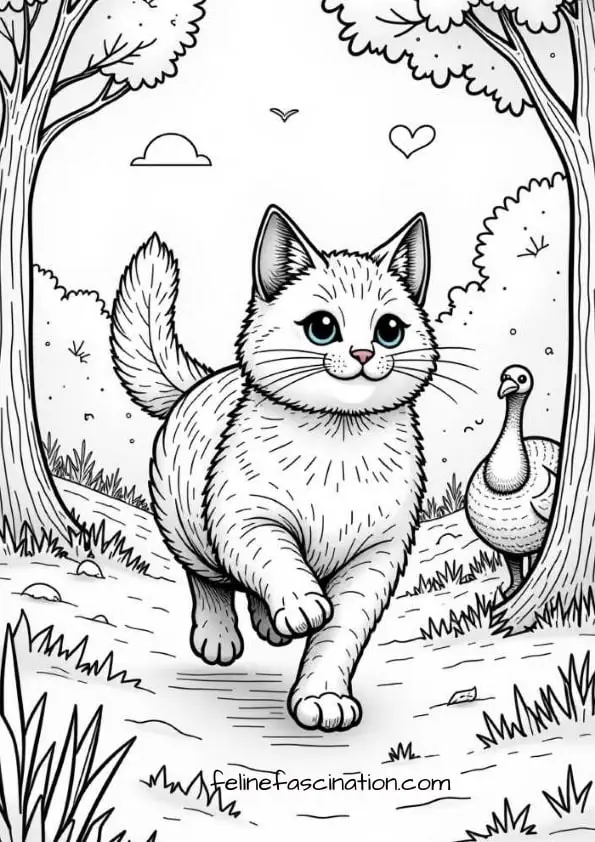 A fluffy cat walks along a forest path, with a bird nearby. Trees and clouds fill the background.